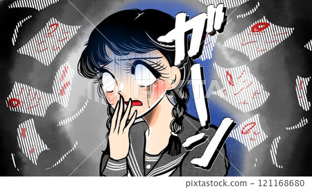 對零分答案卷感到絕望的昭和少女漫畫風女高中生，辮子和烏雲背景 121168680
