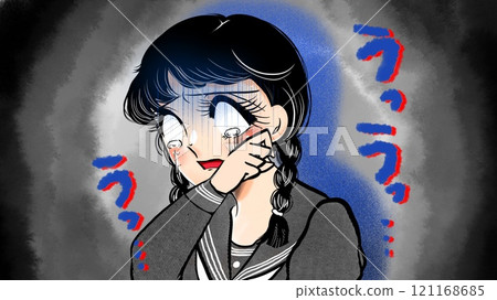 Illustration of a Showa era girl manga style girl with pigtails crying in shock 121168685
