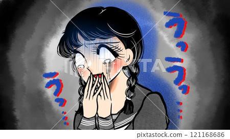 Illustration of a Showa era girl manga style girl with pigtails crying in shock 121168686