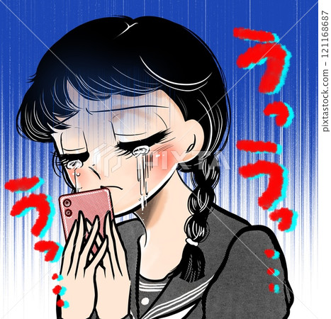 A Showa-style high school girl with pigtails in a manga cries while looking at her smartphone A Showa-style high school girl with pigtails in a manga cries while looking at her smartphone 121168687
