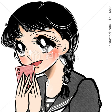 An illustration of a Showa retro manga-style high school girl who is happy to receive a reply from her crush on her smartphone An illustration of a Showa retro manga-style high school girl who is happy to receive a reply from her crush on her smartphone 121168689