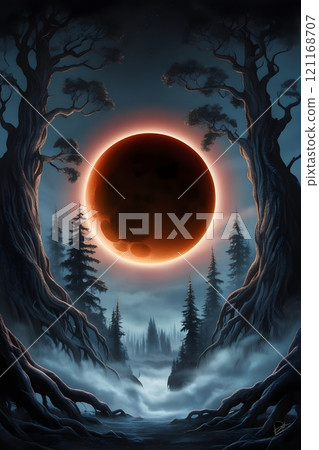 A magical lunar eclipse over an ancient forest, with trees silhouetted against the deep red moon 121168707