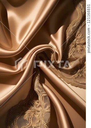 A soft mocha mousse fabric texture with subtle folds and a satin-like finish, glowing softly under warm light 121168831