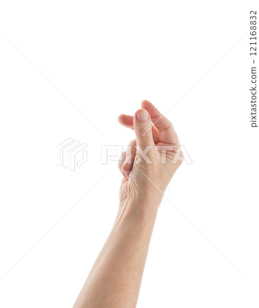 Empty mid aged woman hand to hold something with fingers isolated on white Empty mid aged woman hand to hold something with fingers isolated on white 121168832
