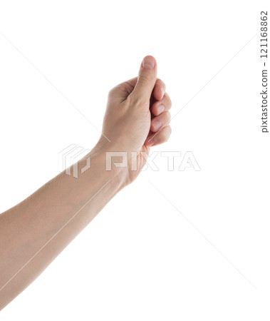 Young adult left man hand hold something isolated on white Young adult left man hand hold something isolated on white 121168862
