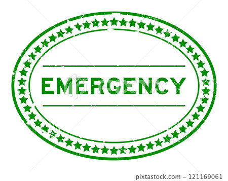 Grunge green emergency word oval rubber seal stamp on white background 121169061
