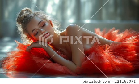Beautiful ballerina in a red tulle dress resting peacefully in soft, natural light on a polished floor 121169071