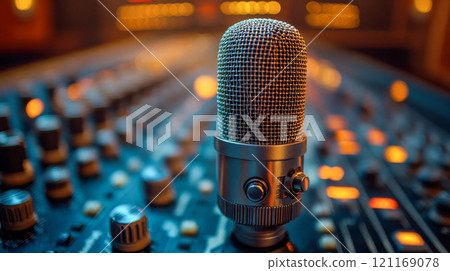 Microphone in a warm, softly lit studio with a blurred background, symbolizing broadcasting or podcasting 121169078