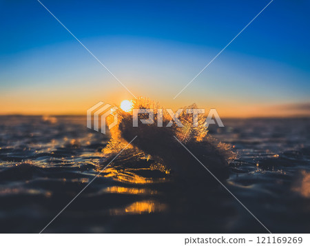 Frosty air and frozen lake surface in a beautiful sunset landscape. Beautiful ice shapes and sunlight. Photo from Sotkamo, Finland. 121169269