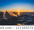 Frosty air and frozen lake surface in a beautiful sunset landscape. Beautiful ice shapes and sunlight. Photo from Sotkamo, Finland. 121169274
