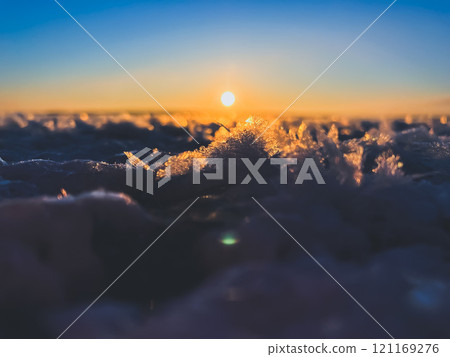 Frosty air and frozen lake surface in a beautiful sunset landscape. Beautiful ice shapes and sunlight. Photo from Sotkamo, Finland. 121169276