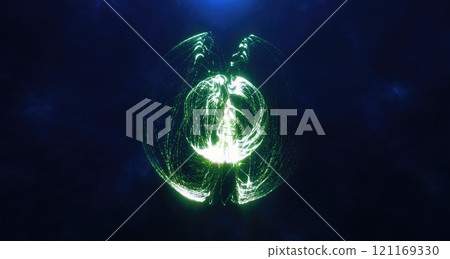 Green light sphere with intricate lines, representing futuristic technology and cosmic energy on a dark background Green light sphere with intricate lines, representing futuristic technology and cosmic energy on a dark background 121169330
