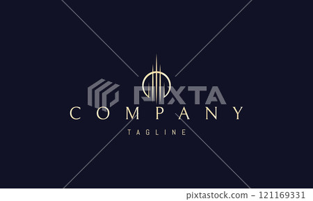 Vector golden logo with an abstract image of a tall tower against the backdrop of the sun. Vector golden logo with an abstract image of a tall tower against the backdrop of the sun. 121169331