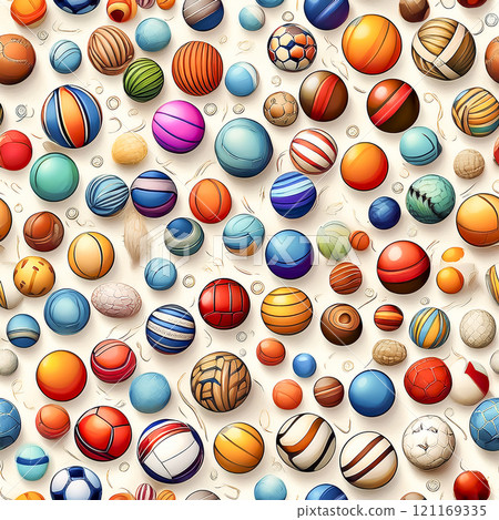 Repeated seamless illustration material of various types of balls 121169335