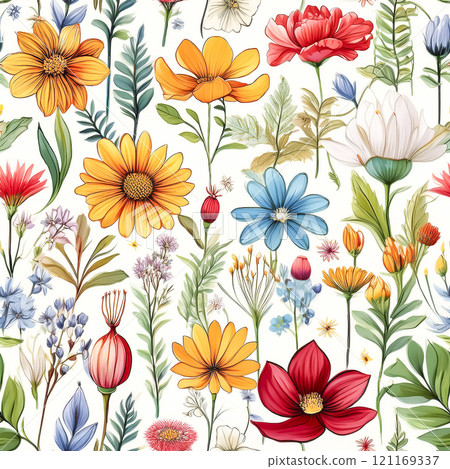 Repeated seamless illustration of various kinds of flowers 121169337