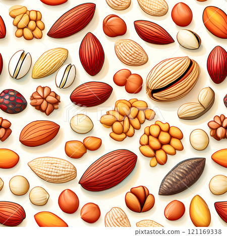 Repeated seamless illustration material of various kinds of nuts 121169338