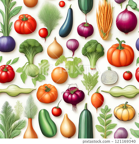 各種蔬菜的無縫重複插畫素材 各種蔬菜的無縫重複插畫素材 121169340