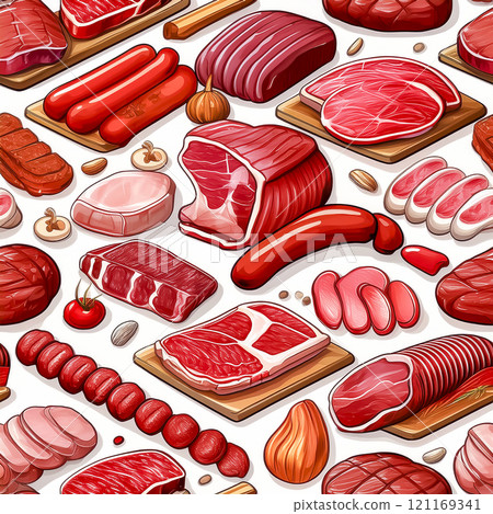 各類肉類的可重複無縫插畫素材 各類肉類的可重複無縫插畫素材 121169341