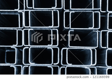 Close up scene the square steel pipe profile in the light blue scene. 121169399