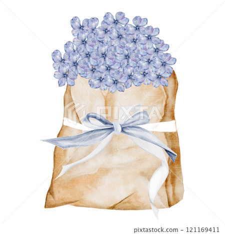 Watercolor bouquet of hydrangea in craft packaging. Flowers in a paper bag. Clip art botanical. Ideal for posters in a flower shop and cards for Women's Day and Mother's Day Watercolor bouquet of hydrangea in craft packaging. Flowers in a paper bag. Clip art botanical. Ideal for posters in a flower shop and cards for Women's Day and Mother's Day 121169411
