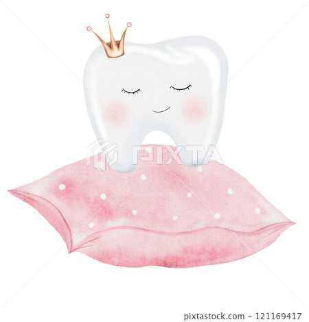 Baby tooth watercolor. Cute cartoon molar with crown on the pillow on isolated white background. Dental clip art. Ideal for cards and invitations to the party baby's first tooth, kawaii posters in the Baby tooth watercolor. Cute cartoon molar with crown on the pillow on isolated white background. Dental clip art. Ideal for cards and invitations to the party baby's first tooth, kawaii posters in the 121169417