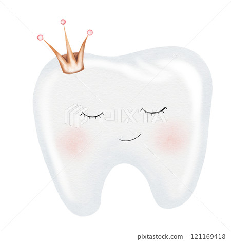 Baby tooth watercolor. Cute cartoon molar with crown on isolated white background. Dental clip art. Ideal for cards and invitations to the party baby's first tooth, posters in the doctor's office Baby tooth watercolor. Cute cartoon molar with crown on isolated white background. Dental clip art. Ideal for cards and invitations to the party baby's first tooth, posters in the doctor's office 121169418