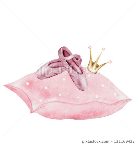 Pointe shoes watercolor. Hand drawn pink ballerina accessories on a pillow with a crown on isolated white background. Clip art of elegant satin ballet shoes with space for name inscription. Ideal card 121169422