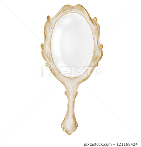 Mirror Watercolor. Hand drawn vintage mirror with handle. Clip art of beauty accessory. Perfect for posters, cards and stickers. 121169424
