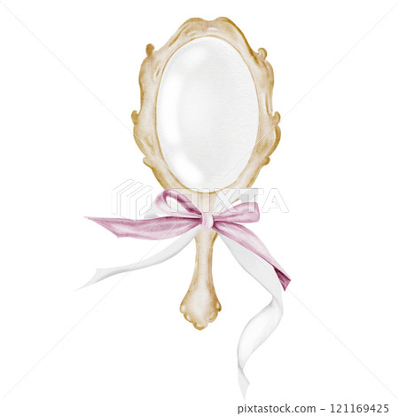 Mirror watercolor with a bow. Hand drawn vintage mirror with handle. Clip art of beauty accessory. Perfect for posters, cards and stickers. 121169425