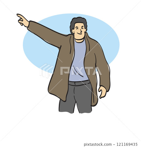 man in brown coat pointing on blank space illustration vector hand drawn isolated on white background 121169435