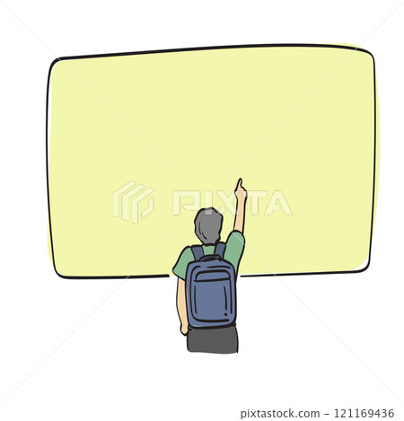 male traveler with backpack pointing up on big yellow blank space illustration vector hand drawn isolated on white background male traveler with backpack pointing up on big yellow blank space illustration vector hand drawn isolated on white background 121169436