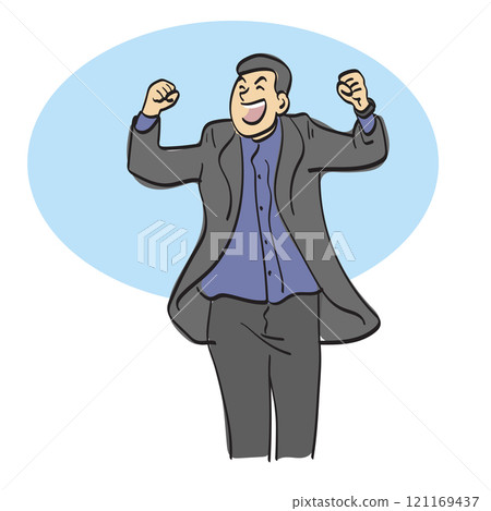 Happy businessman raising hands in fists with happiness and success illustration vector hand drawn isolated on white background 121169437