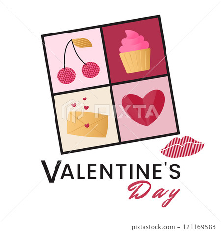 Postcard with romantic symbols of Valentine's Day - cherry, cupcake, envelope with hearts, heart and kiss. Vector illustration in a flat geometric style. Bright pink, gold and red colors. Postcard with romantic symbols of Valentine's Day - cherry, cupcake, envelope with hearts, heart and kiss. Vector illustration in a flat geometric style. Bright pink, gold and red colors. 121169583