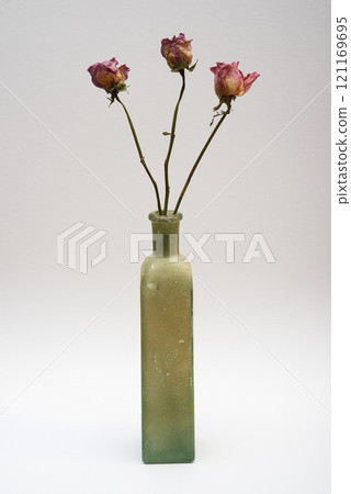 a single vintage green glass bottle holding three dried pink roses 121169695