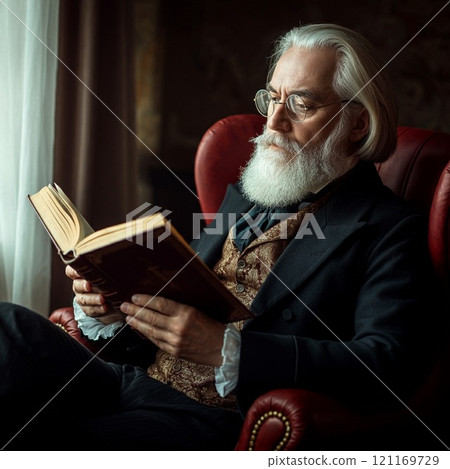 Elderly Gentleman Reading a Book by a Window . AI generated. 121169729