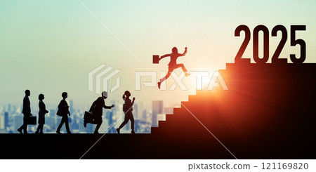 People running up the stairs 2025 New Year image Business New Year's card material People running up the stairs 2025 New Year image Business New Year's card material 121169820
