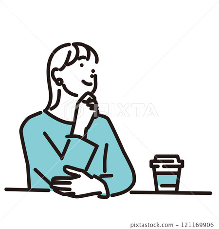 一個微笑的女人在咖啡館休息的簡單插圖 一個微笑的女人在咖啡館休息的簡單插圖 121169906