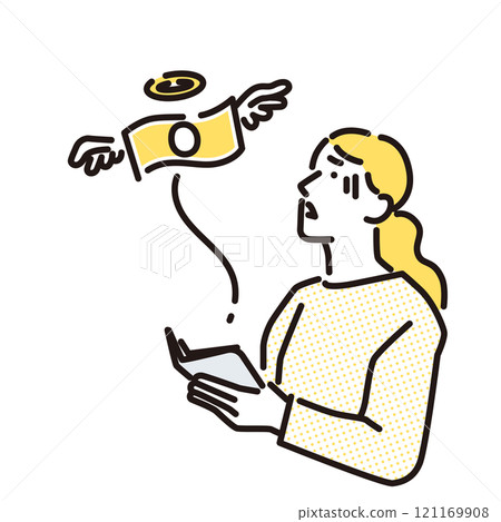 Simple illustration: A woman sad about her money flying away 121169908