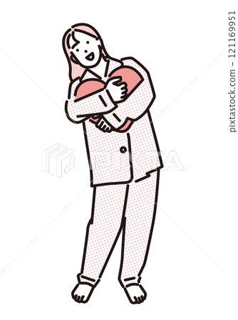 Simple illustration: A young woman in pajamas hugging a heart-shaped cushion Simple illustration: A young woman in pajamas hugging a heart-shaped cushion 121169951
