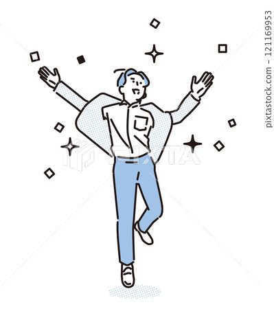 Simple illustration of a smiling businessman scattering confetti 121169953