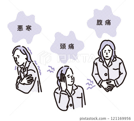 Simple illustration Set of chills, headache, and stomachache Simple illustration Set of chills, headache, and stomachache 121169956