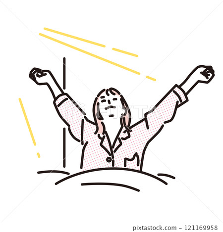 一個女人在早晨的陽光下醒來精神煥發的簡單插圖 121169958