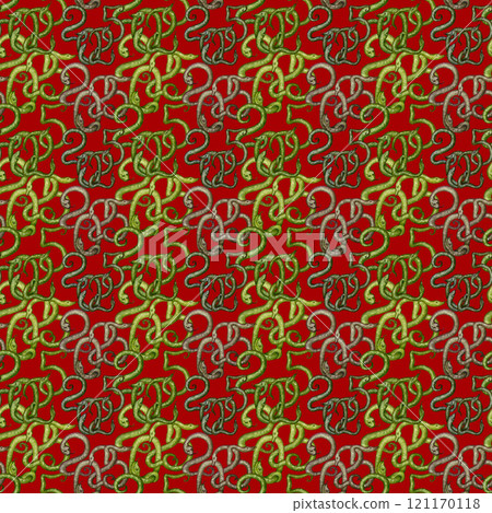 Background with lunar new year 2025 symbol wooden green snake. Seamless pattern with illustration of snakes on a red background. Watercolor template for packaging, wrapper, web page, scrapbooking 121170118