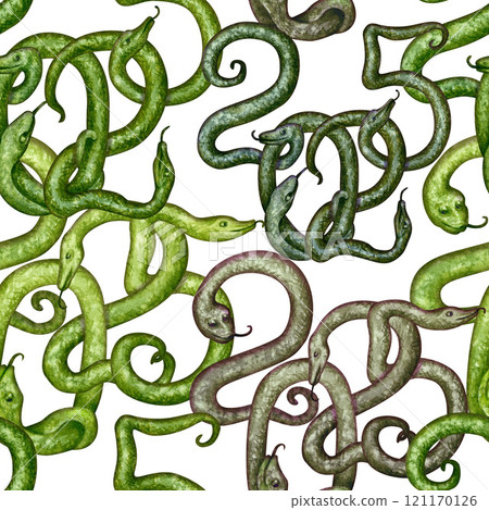 Background with lunar new year 2025 symbol wooden green snake. Seamless pattern with illustration of snakes on a white background. Watercolor template for packaging, wrapper, web page, scrapbooking Background with lunar new year 2025 symbol wooden green snake. Seamless pattern with illustration of snakes on a white background. Watercolor template for packaging, wrapper, web page, scrapbooking 121170126