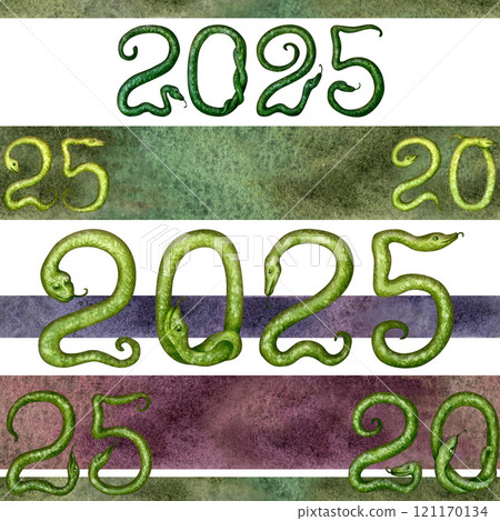 Background with lunar new year 2025 symbol wooden green snake. Seamless pattern with illustration of snakes on a white background. Watercolor template for packaging, wrapper, web page, scrapbooking 121170134