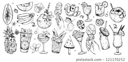 Summer exotic cocktail set, vector hand drawn doodle tropical dessert, ice cream sorbet fresh fruit. Summer exotic cocktail set, vector hand drawn doodle tropical dessert, ice cream sorbet fresh fruit. 121170252
