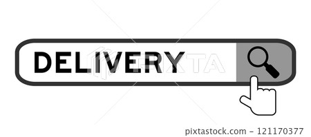 Search banner in word delivery with hand over magnifier icon on white background Search banner in word delivery with hand over magnifier icon on white background 121170377