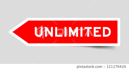 Red color arrow shape sticker label with word unlimited on gray background Red color arrow shape sticker label with word unlimited on gray background 121170420