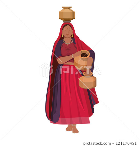 Indian Gujarat village woman carrying water pot, Indian village woman carrying water 121170451