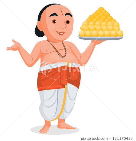 Indian man brahmin chef in traditional clothing, Indian pandit is holding a sweets plate in his hands. Indian man brahmin chef in traditional clothing, Indian pandit is holding a sweets plate in his hands. 121170453